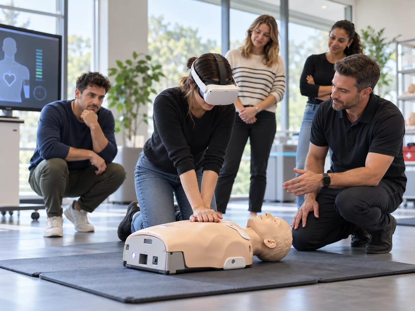 Stagiaire équipée d'un casque de réalité virtuelle, en train de masser un mannequin
